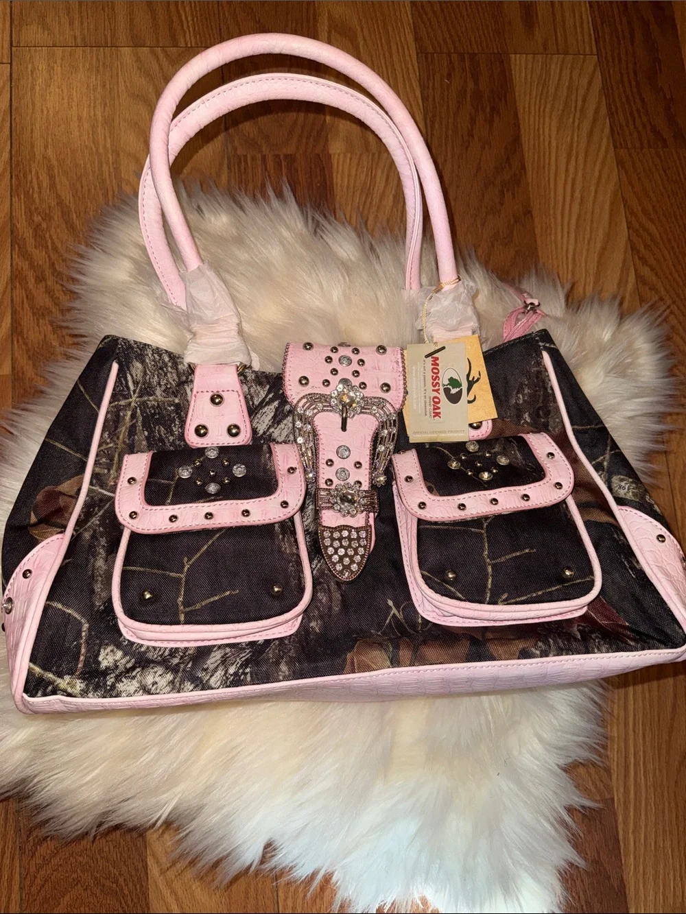 Mossy Oak Camo Satchel with Pink Trim and Stud Accents - Picture 1 of 7